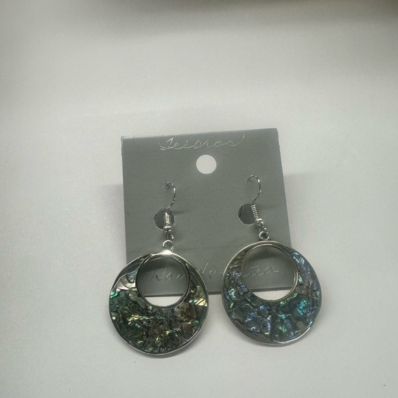 Vintage Taxco Mexican Alpaca Abalone Hoop Earrings - Picture 2 of 4
